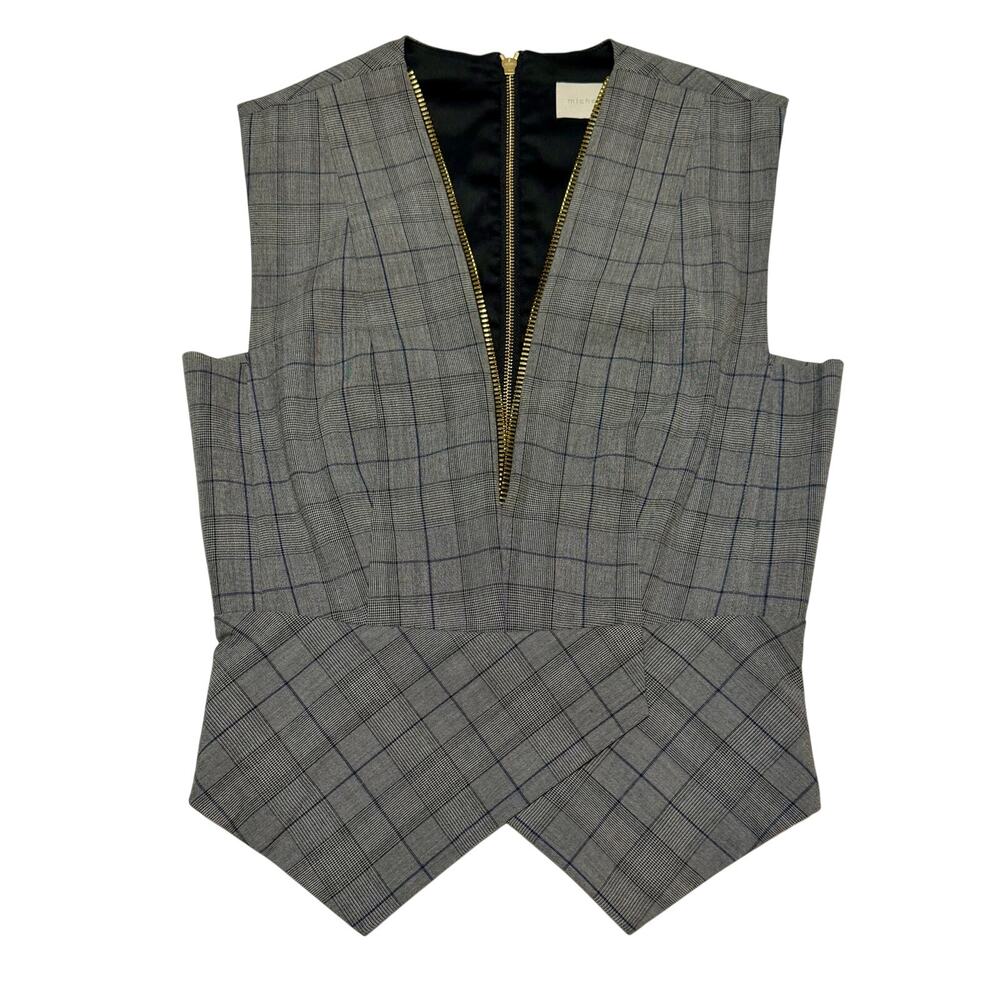 Michelle Mason Top Gray Plaid Sleeveless Deep V Neckline Gold Zipper size 6